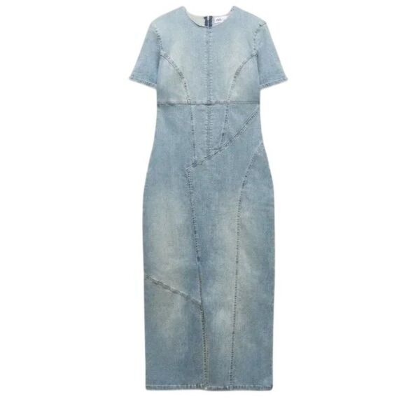 Zara Womens Denim Midi Jean Dress Size S Blue Short Sleeve Slit 7227/082 NWOT - Picture 2 of 9